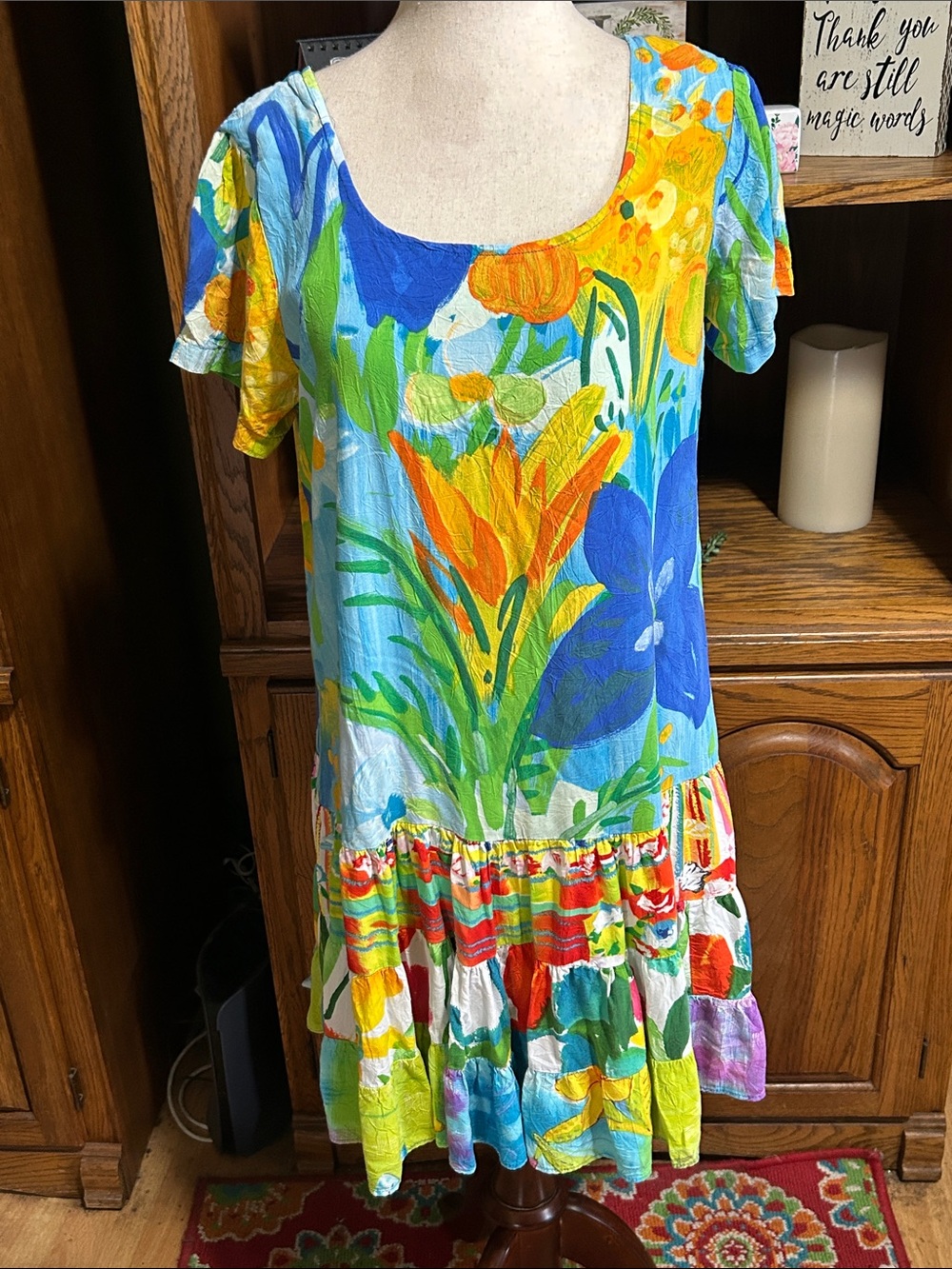 Jams World Bright Floral Mini Dress in Blue, Yellow, Orange, Green Medium